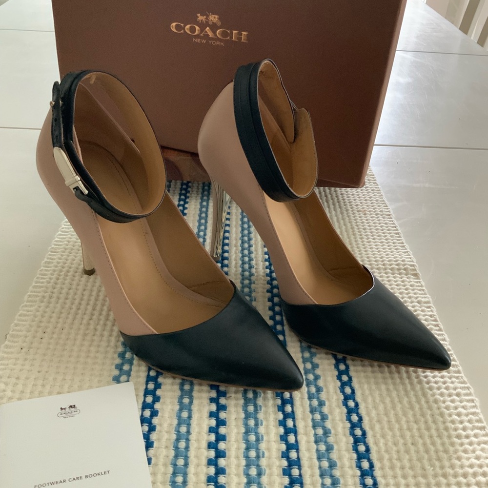 Coach High Heels with Box 7.5 Beige and Black Gold Leather